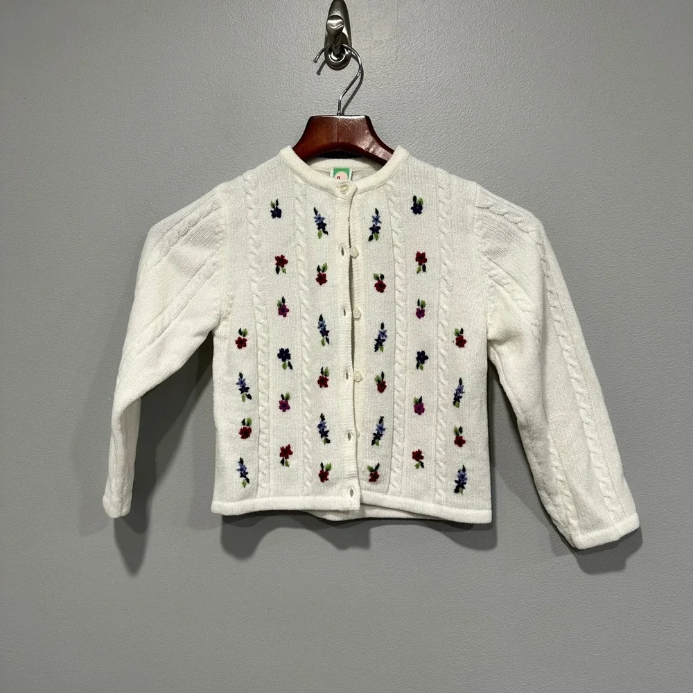 Gymboree Girls White Cable Knit Embroidered Floral Cardigan Sweater XLarge 6 Yrs